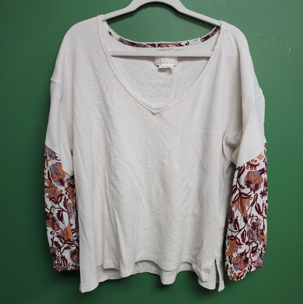 Anthropologie Long Sleeve Thermal Top | Size Large | Floral Sleeve Boho Shirt